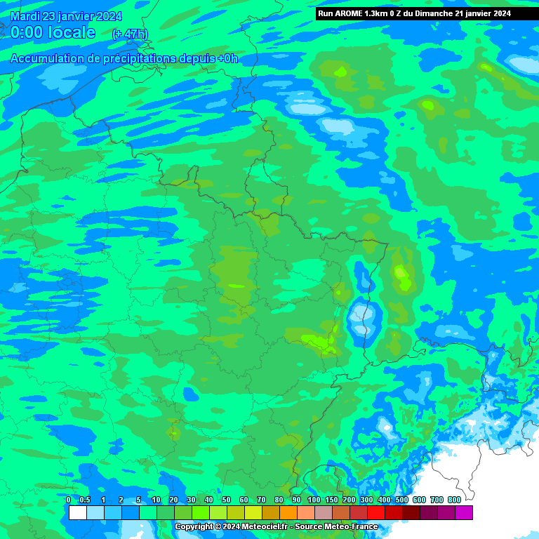 Cumuls de précipitations attendus d’ici mardi à minuit dans le nord-est de la France (source : Meteociel, modèle Arome)
