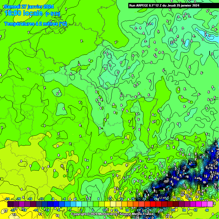 Températures maximales attendues ce samedi dans le nord-est de la France (source : Meteociel, modèle Arpege)