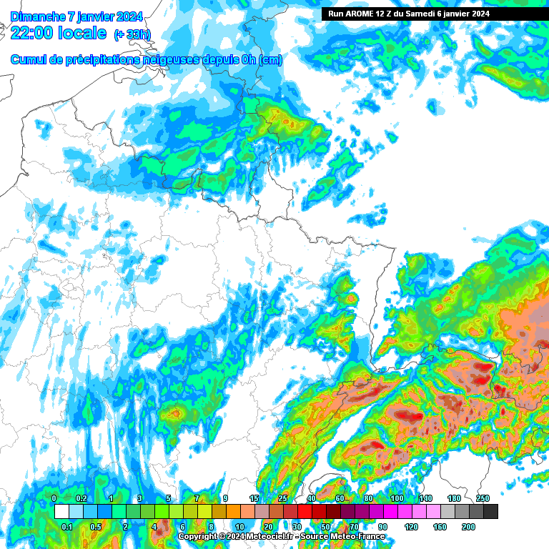 Cumuls de neige attendus d’ici dimanche à 22h dans le nord-est de la France.