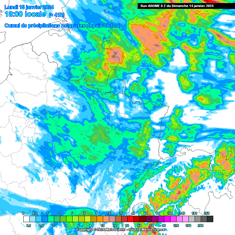 Cumuls de précipitations neigeuses attendus d’ici lundi soir dans le nord-est de la France.