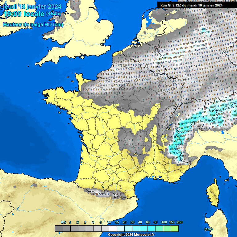 Hauteur de neige attendue en France d’ici jeudi soir (source : Meteociel, modèle GFS)