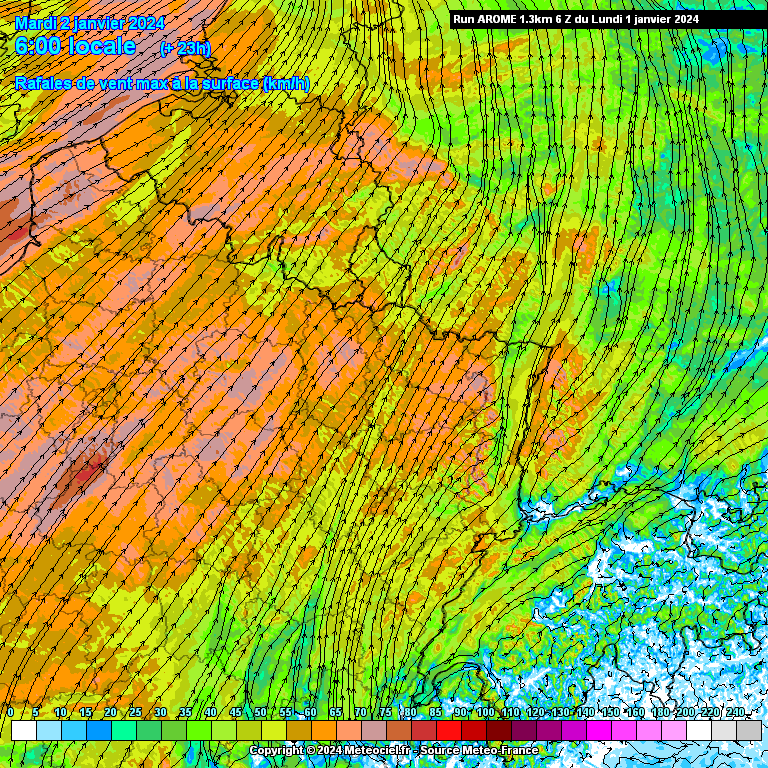 Rafales de vent attendues ce mardi 2 janvier à 6h du matin (source : Meteociel, modèle Arome)