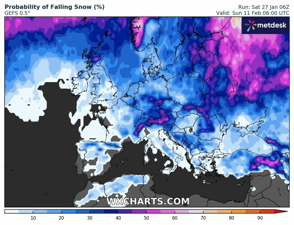 Données brutes de la probabilité de neige d'une seule actualisation d'un modèle météo (GFS) via www.wxcharts.com.