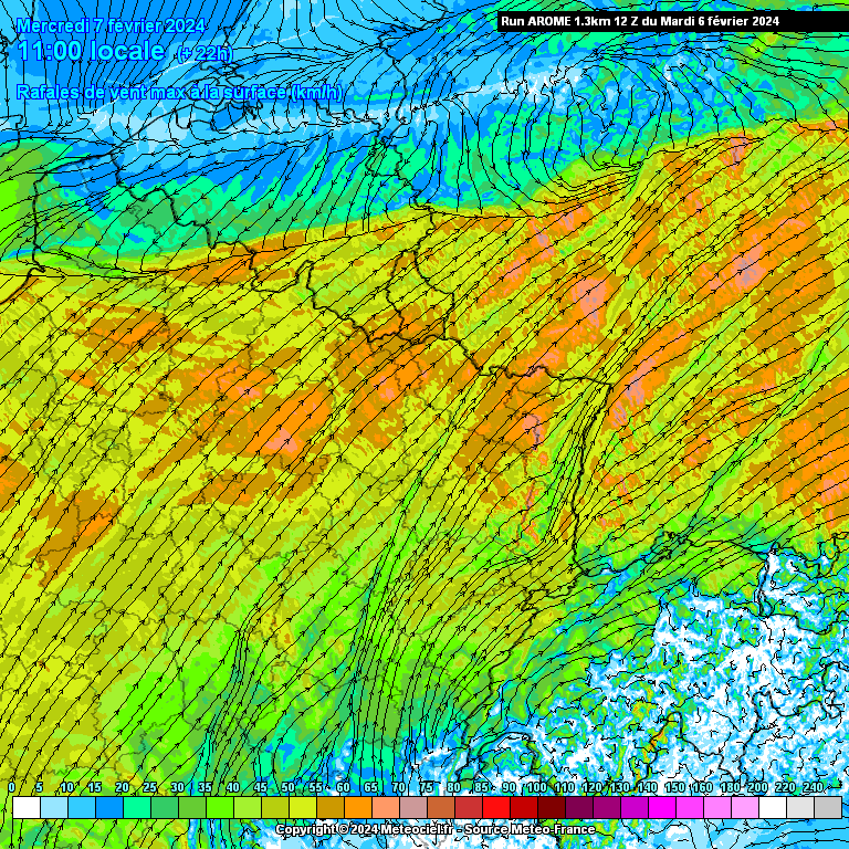 Rafales de vent attendues ce mercredi matin dans le nord-est de la France (source : Meteociel, modèle Arome)