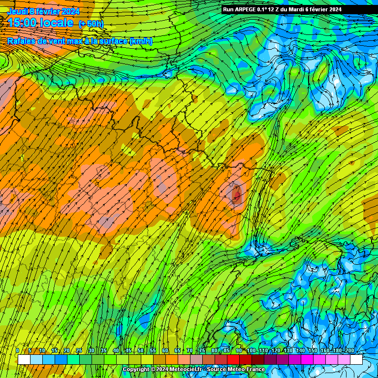 Rafales de vent attendues jeudi après-midi dans le nord-est de la France (source : Meteociel, modèle Arpege)