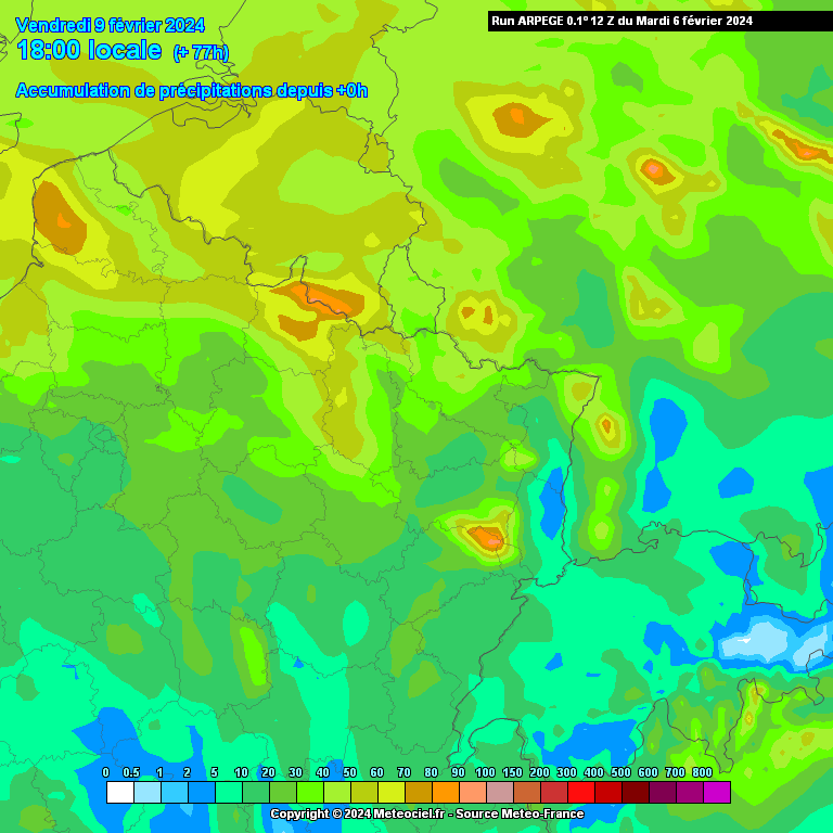 Cumuls de pluies attendus d’ici vendredi soir dans le nord-est de la France (source : Meteociel, modèle Arpege)