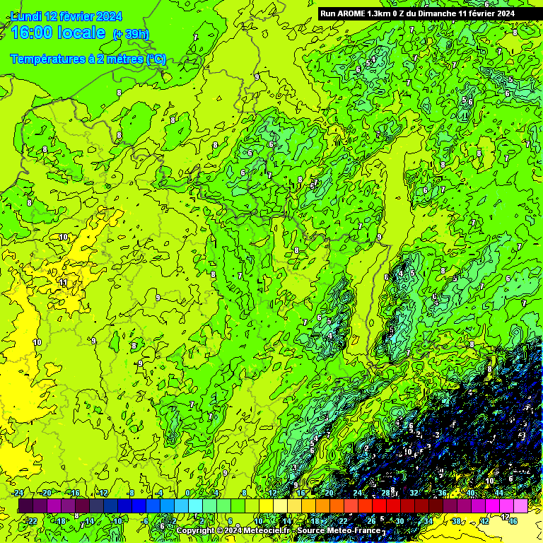 Températures maximales attendues ce lundi 12 février 2024 dans le nord-est de la France (source : Meteociel, modèle Arome)