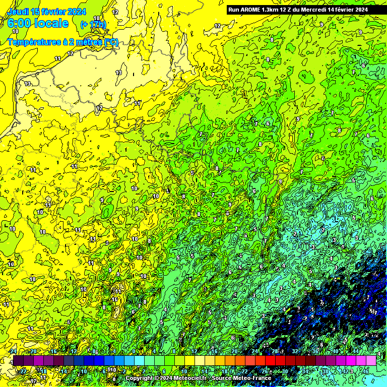 Températures minimales attendues ce jeudi 15 février dans le nord-est de la France (source : Meteociel, modèle Arome)