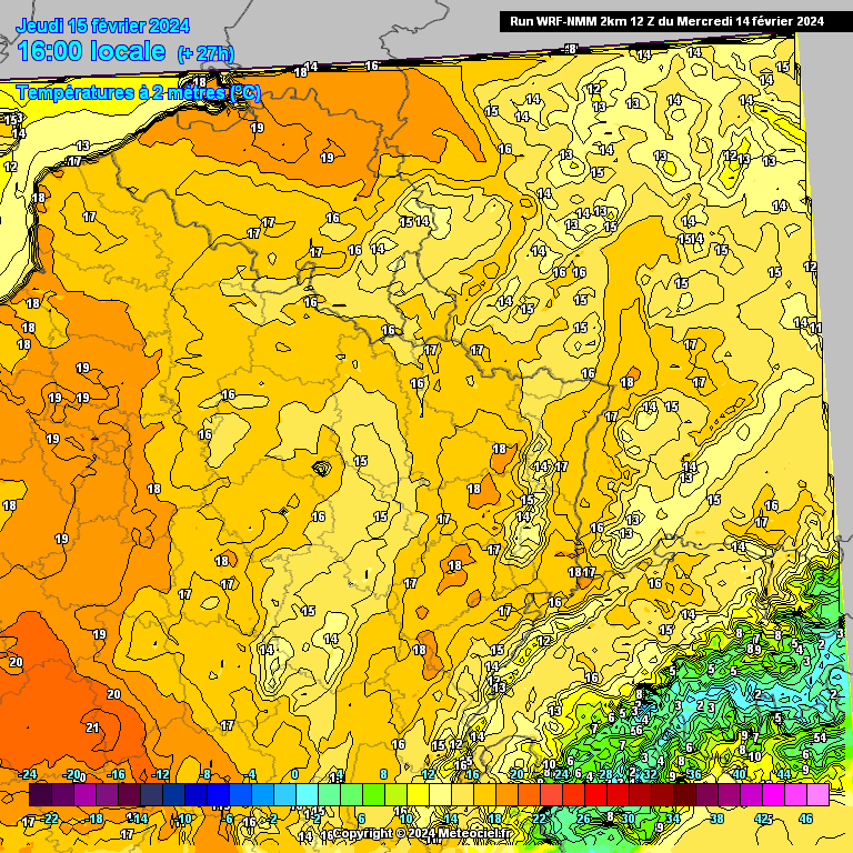 Températures maximales attendues ce jeudi 15 février dans le nord-est de la France (source : Meteociel, modèle WRF NMM)
