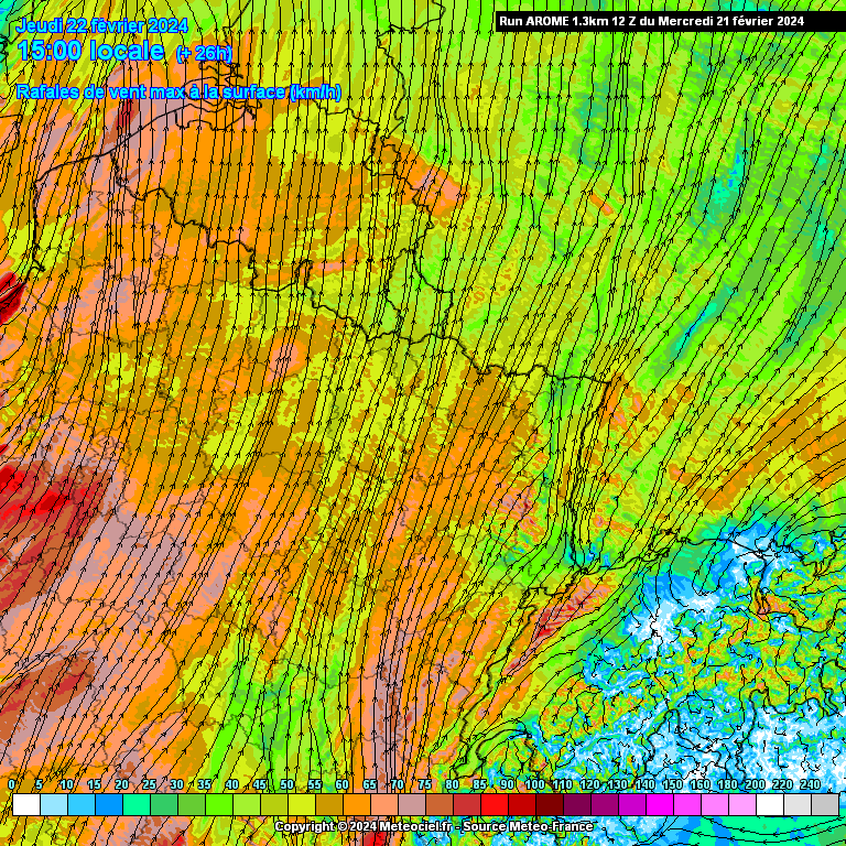 Rafales de vent attendues ce jeudi 22 février à 15h dans le nord-est de la France (source : Meteociel, modèle Arome)