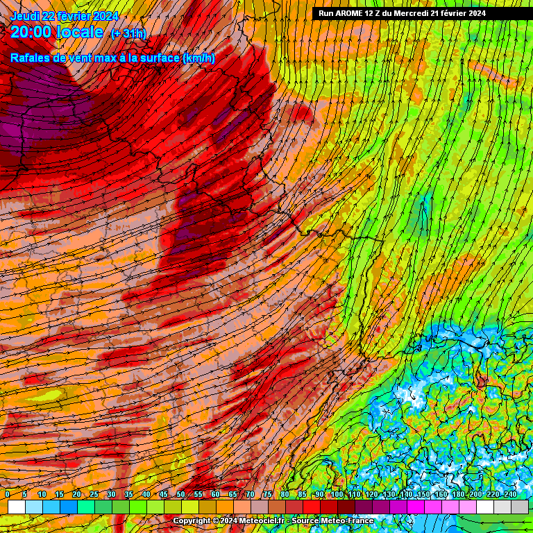 Rafales de vent attendues ce jeudi 22 février à 20h dans le nord-est de la France (source : Meteociel, modèle Arome)