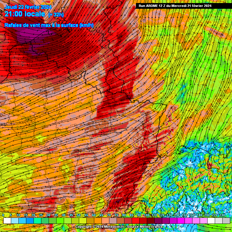 Rafales de vent attendues ce jeudi 22 février à 21h dans le nord-est de la France (source : Meteociel, modèle Arome)