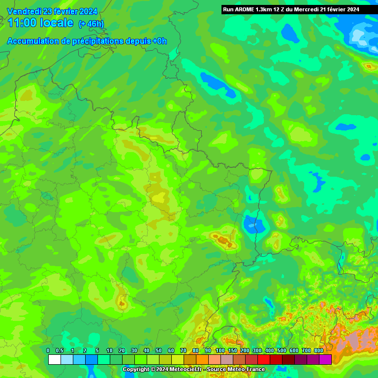 Cumuls de pluies attendus d’ici vendredi matin dans le nord-est de la France (source : Meteociel, modèle Arome)