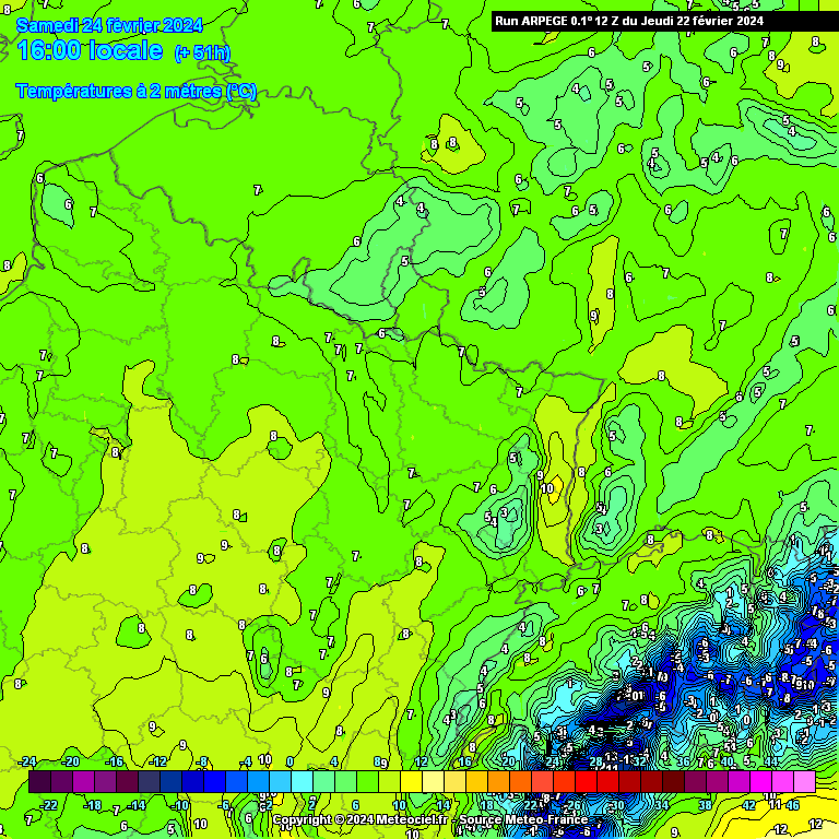 Températures maximales attendues ce samedi 24 février dans le nord-est de la France (source : Meteociel, modèle Arpege)