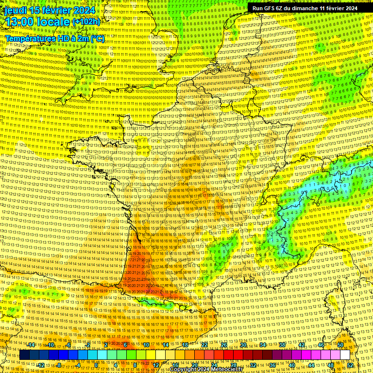 Températures maximales attendues en France ce jeudi 15 février 2024 (source : Meteociel, modèle GFS)