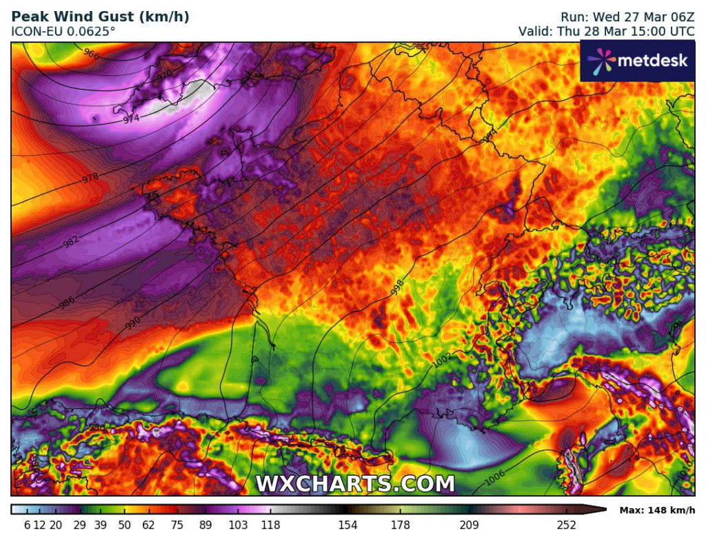 Rafales de vent parfois fortes notamment dès les premières hauteurs. Carte modèle ICON-EU via www.wxcharts.com.