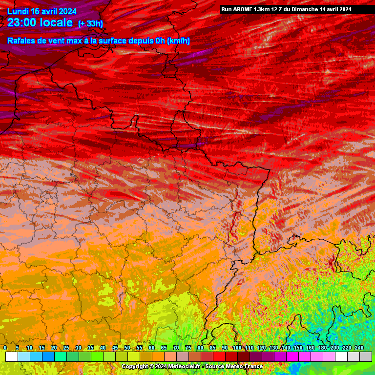 Le plus fort du coup de vent se situera au Nord de la région, notamment le long des frontières. Carte via www.meteociel.fr.