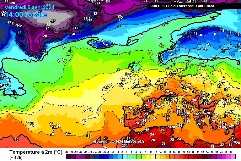 Températures attendues ce vendredi à 14h en Europe (source : Meteociel, modèle GFS)