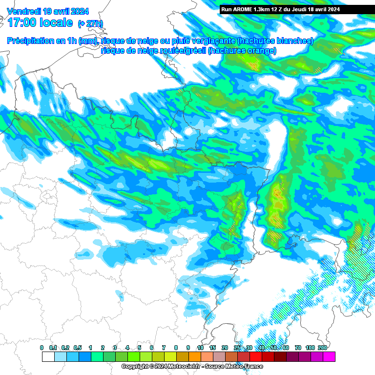 Précipitations attendues ce vendredi 19 avril à 17h dans le nord-est de la France (source : Meteociel, modèle Arome)