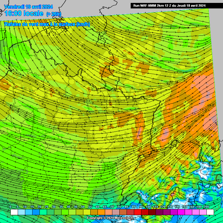 Rafales de vent attendues ce vendredi 19 avril à 16h dans le nord-est de la France (source : Meteociel, modèle WRF NMM)