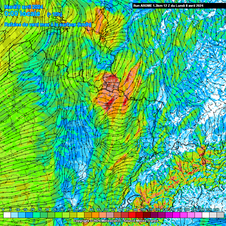 Rafales de vent attendues cette nuit à minuit dans le nord-est de la France (source : Meteociel, modèle Arome)