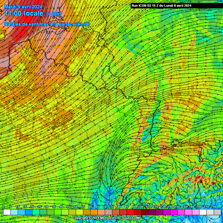 Rafales de vent attendues ce mardi à 11h du matin dans le nord-est de la France (source : Meteociel, modèle ICON)