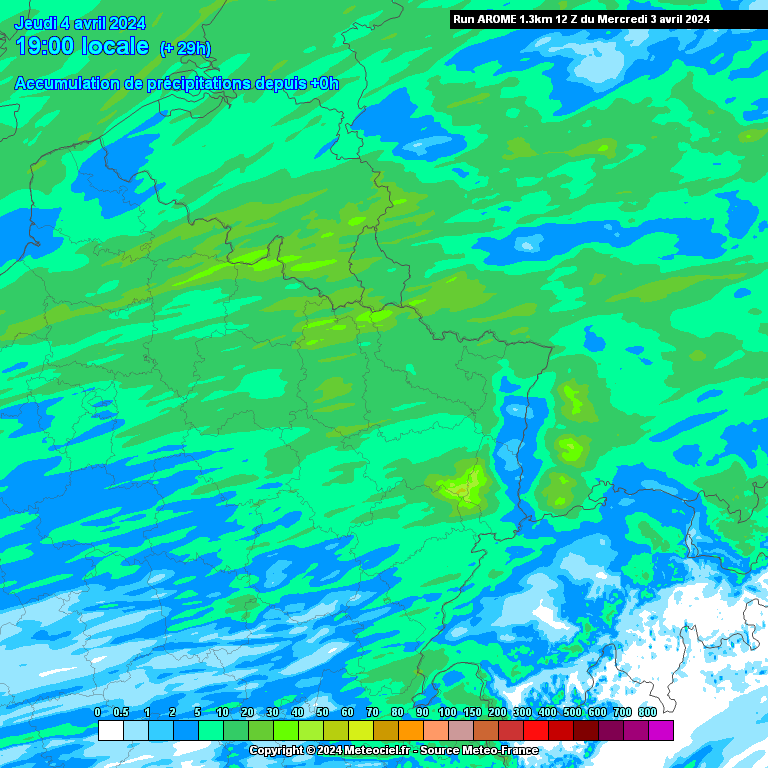 Cumuls de précipitations attendus d’ici jeudi soir dans le nord-est de la France (source : Meteociel, modèle Arome)