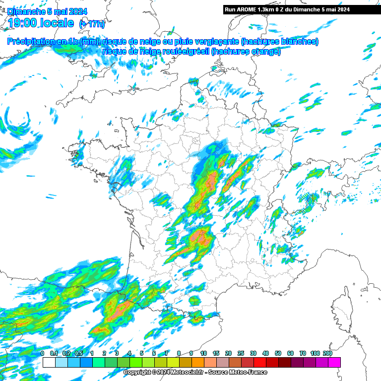 Précipitations attendues ce dimanche à 19h en France 
