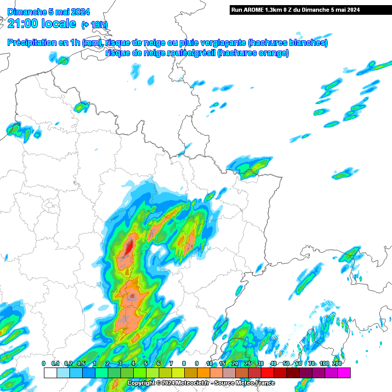 Précipitations attendues ce dimanche à 21h dans le nord-est de la France