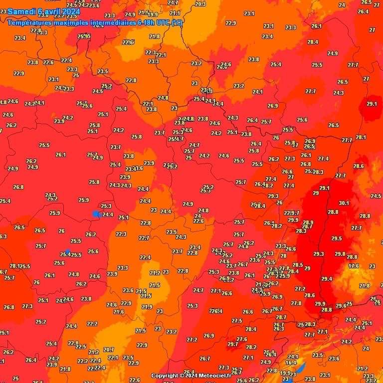 Températures maximales observées le samedi 6 avril dans le nord-est de la France (source : Meteociel)